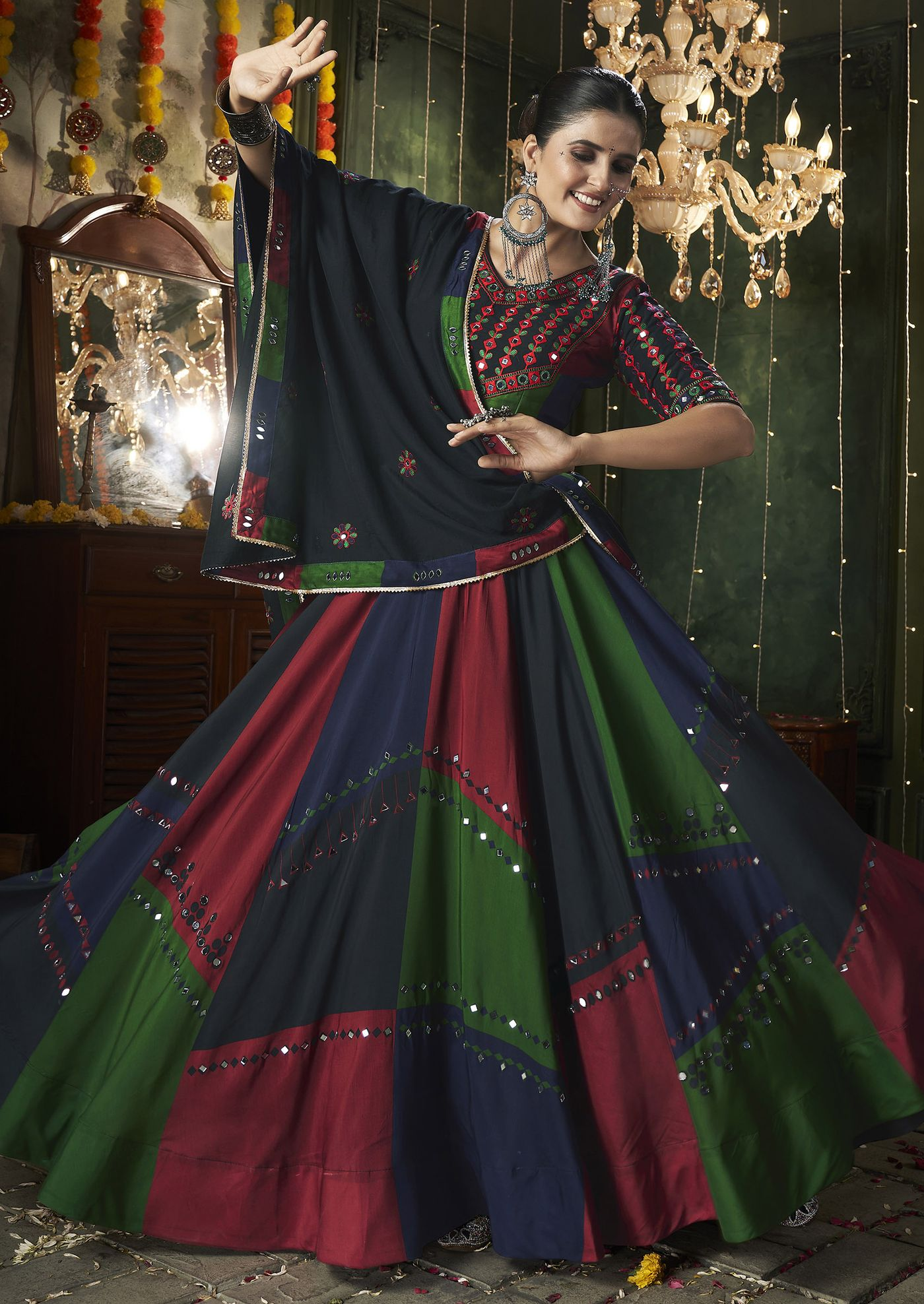 Multi Color Thread Mirror Embellished Maslin Cotton Lehenga Set - Image 5