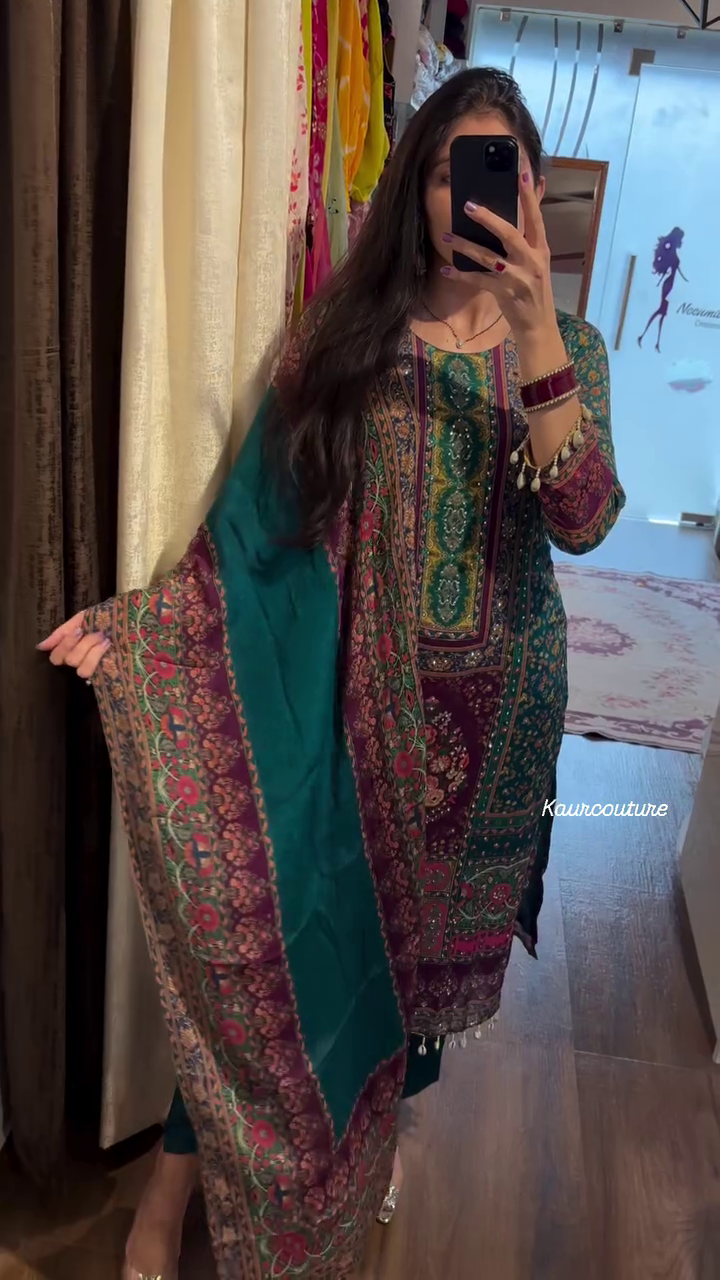 heavy chinon printed with mirror and kodi work 3 pcs suit set