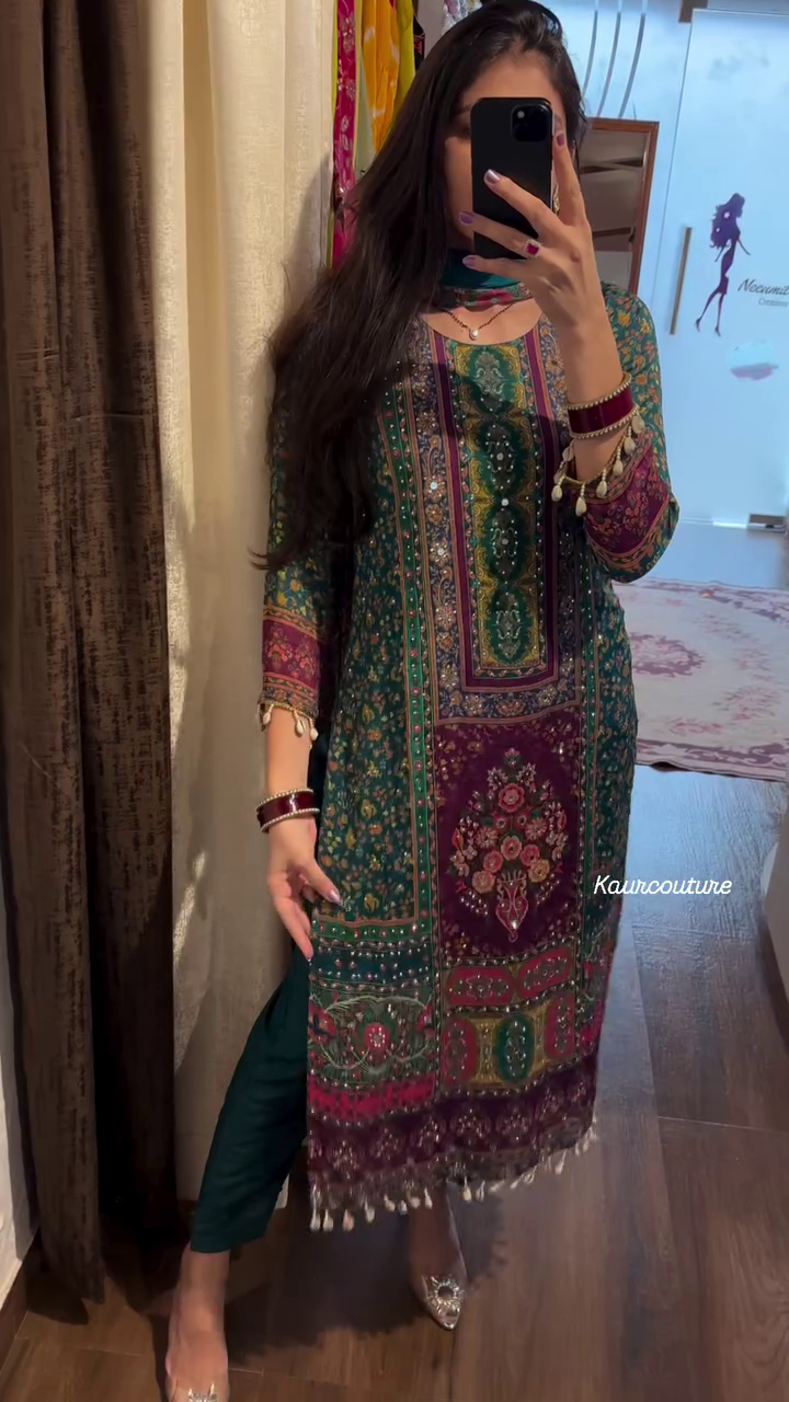 heavy chinon printed with mirror and kodi work 3 pcs suit set - Image 6