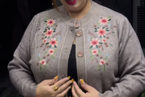 Plus Size Embroidered Pure Acrylic Cardigan