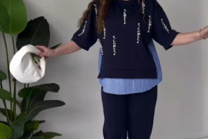 Chic Navy Blue Pearl-Embellished Layered Top – Trendy & Elegant