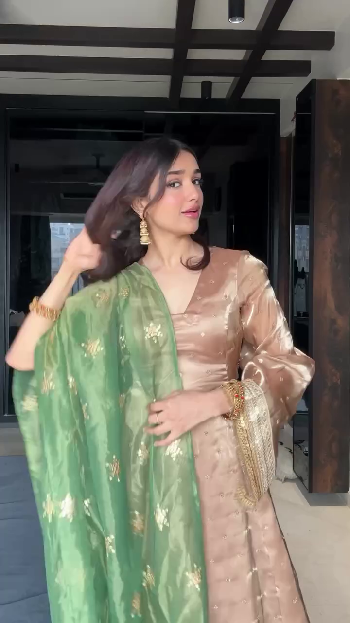 Golden Grace – Silk Suit with Green Embroidered Dupatta - Image 4