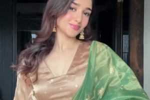 Golden Grace – Silk Suit with Green Embroidered Dupatta