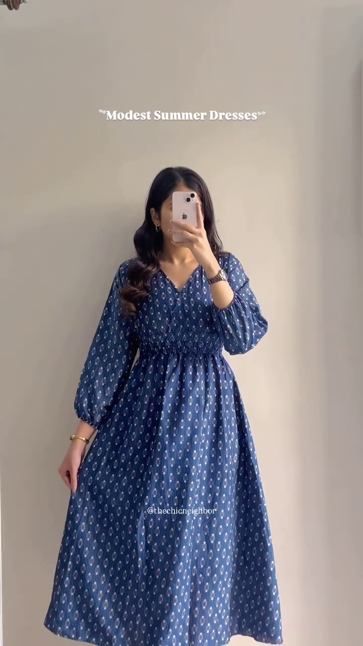 Elegant Navy Blue Printed Modest Summer Maxi Dress with Full Sleeves and Flowy Silhouette - Image 3