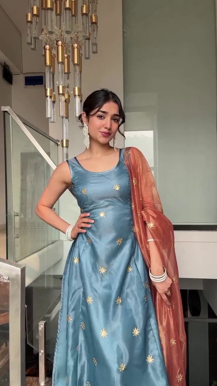 Blue Silk Anarkali Dress with Embroidered Golden Motifs and Matching Dupatta