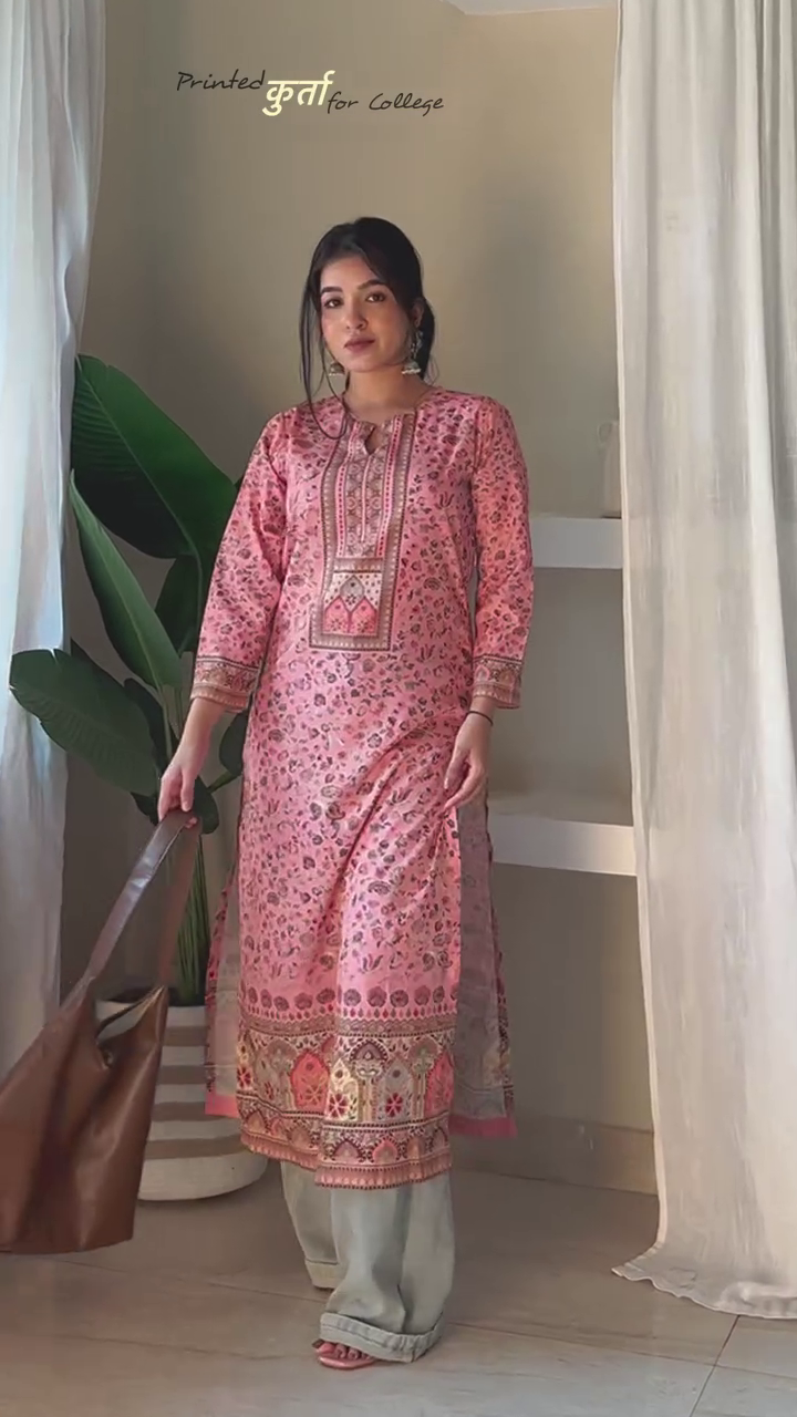 Elegant Ethnic Vibes – Women’s Pure Cotton Printed Straight Kurta Set with Minimalist Motifs & Traditional Border Accents – Ideal for Everyday College Wear