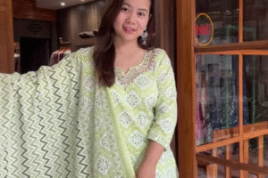 Noor Elegant Pastel Charm Cotton Blend Salwar Suit Set for Women with Traditional Block Prints, Matching Dupatta & Straight Pants – Ideal for Summer Casuals & Ethnic Wear