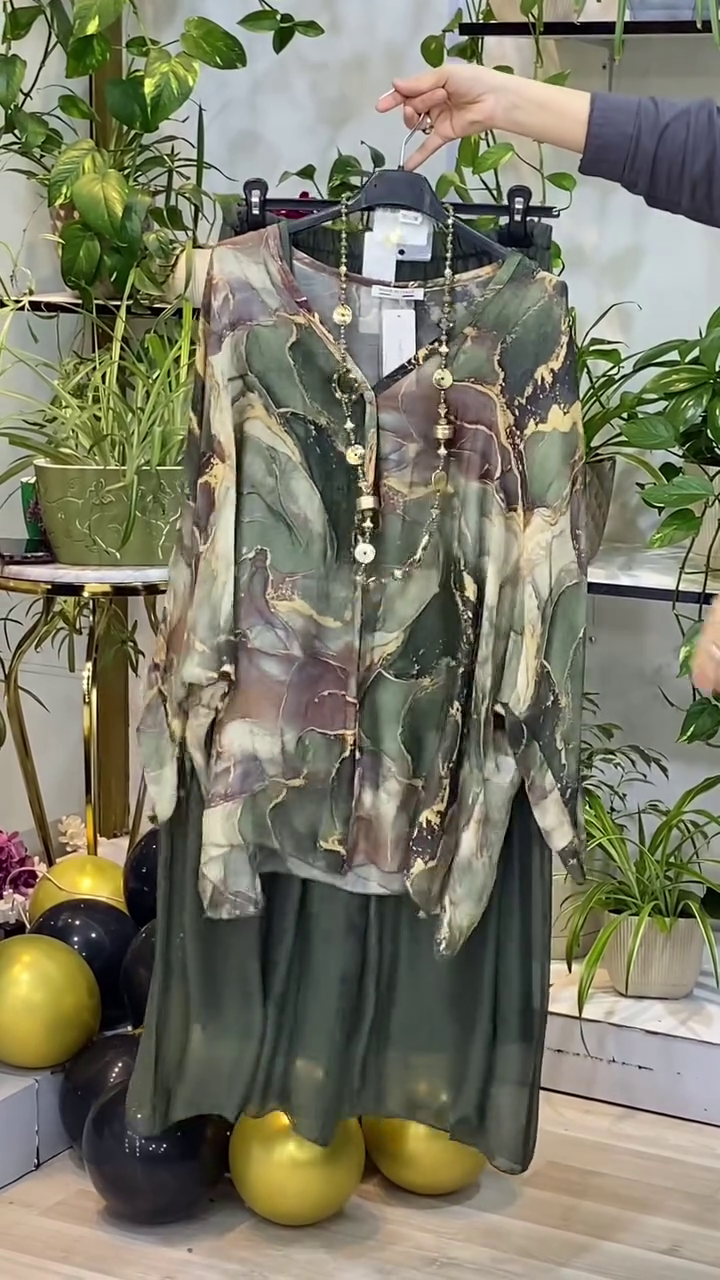 Women's Two-Piece Bohemian Chiffon Set – Abstract Marble Print Sheer Tunic Top with Matching Wide-Leg Palazzo Pant - Image 2