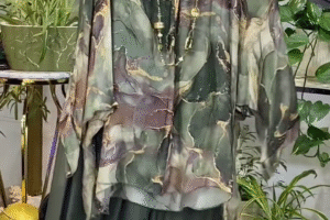 Women's Two-Piece Bohemian Chiffon Set – Abstract Marble Print Sheer Tunic Top with Matching Wide-Leg Palazzo Pant