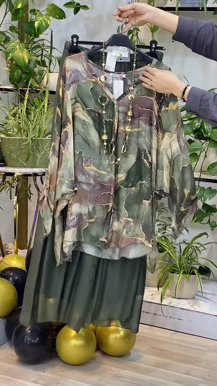 Women's Two-Piece Bohemian Chiffon Set – Abstract Marble Print Sheer Tunic Top with Matching Wide-Leg Palazzo Pant