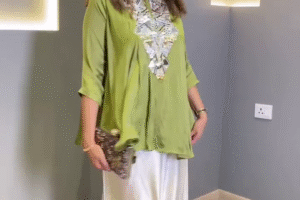 Elegant Chic Embroidered Flowy Tunic in Lush Green and Vibrant Pink with Sequined Detailing