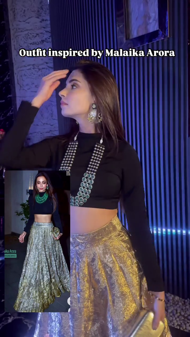 Exquisite Evening Ensemble: Malaika Arora Inspired Ethnic Wear, Featuring a Black Crop Top and Golden Foil Skirt - Image 2