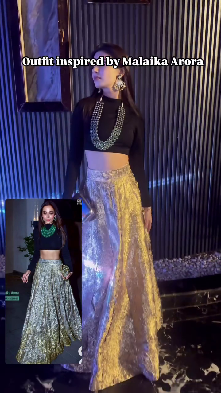 Exquisite Evening Ensemble: Malaika Arora Inspired Ethnic Wear, Featuring a Black Crop Top and Golden Foil Skirt - Image 4
