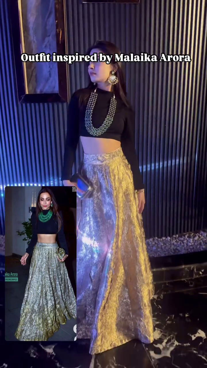 Exquisite Evening Ensemble: Malaika Arora Inspired Ethnic Wear, Featuring a Black Crop Top and Golden Foil Skirt