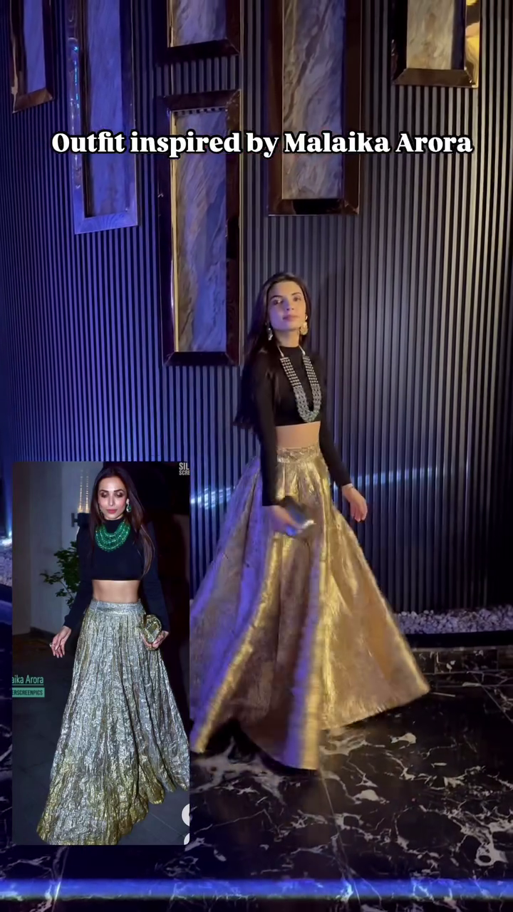 Exquisite Evening Ensemble: Malaika Arora Inspired Ethnic Wear, Featuring a Black Crop Top and Golden Foil Skirt - Image 3