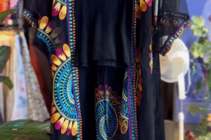 Elegant Embroidered Black Kaftan Dress with Vibrant Colorful Motifs