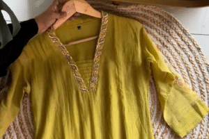 Elegant Mustard Yellow Hand-Embroidered Kurta Set with Sequin Embellished Neckline and Matching Dupatta in Soft Cotton-Silk Blend Fabric – Festive & Ethnic Wear for Women