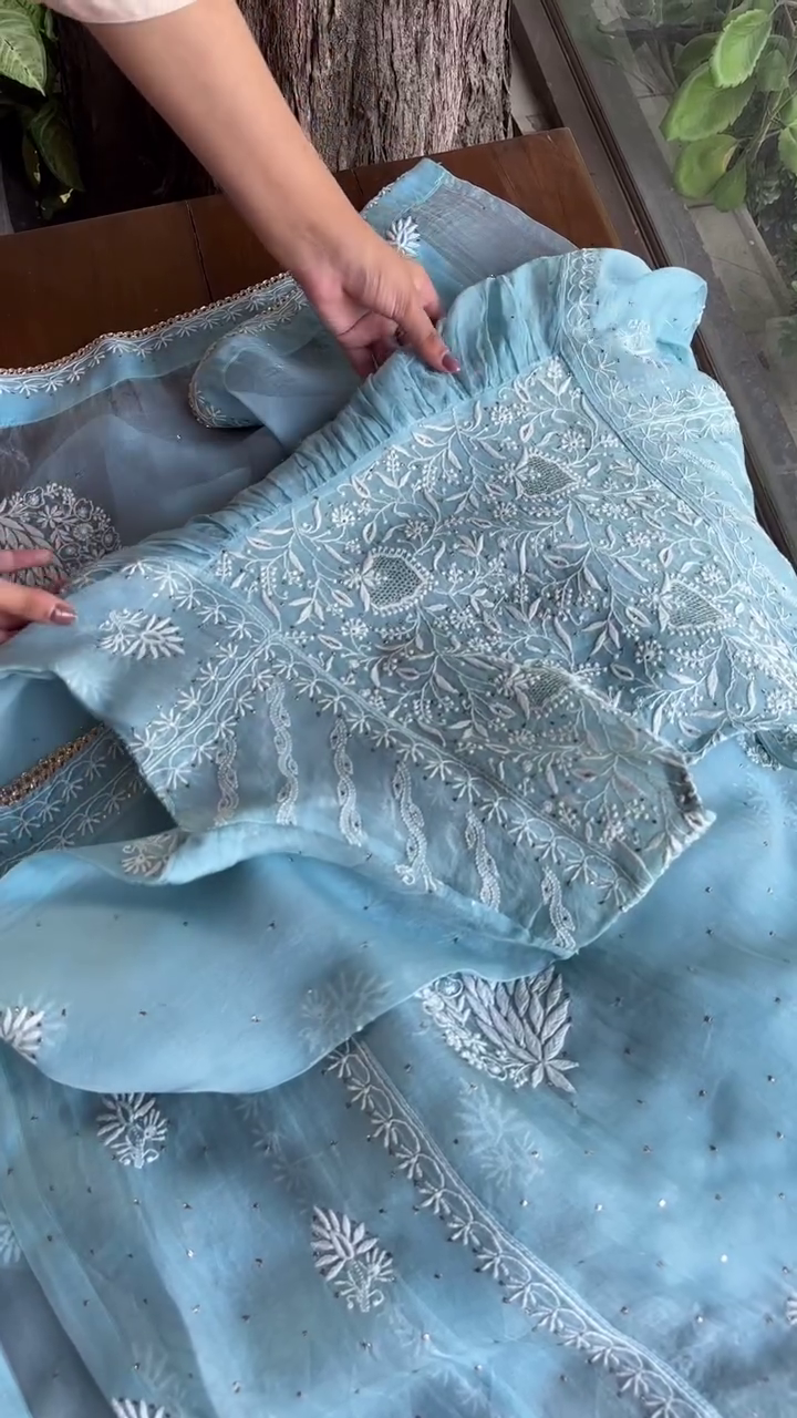 Elegant Powder Blue Hand-Embroidered Chikankari Anarkali Kurta Set with Sequins and Gota Patti Detailing on Organza Fabric - Image 7