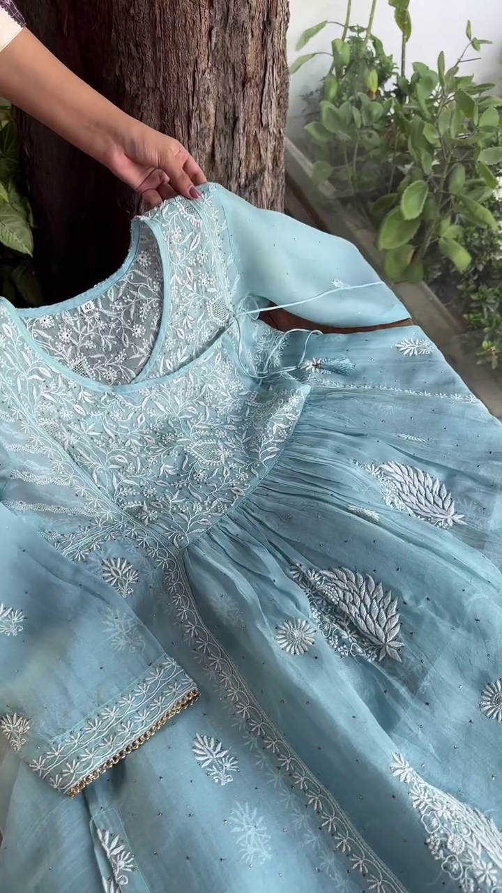 Elegant Powder Blue Hand-Embroidered Chikankari Anarkali Kurta Set with Sequins and Gota Patti Detailing on Organza Fabric - Image 2