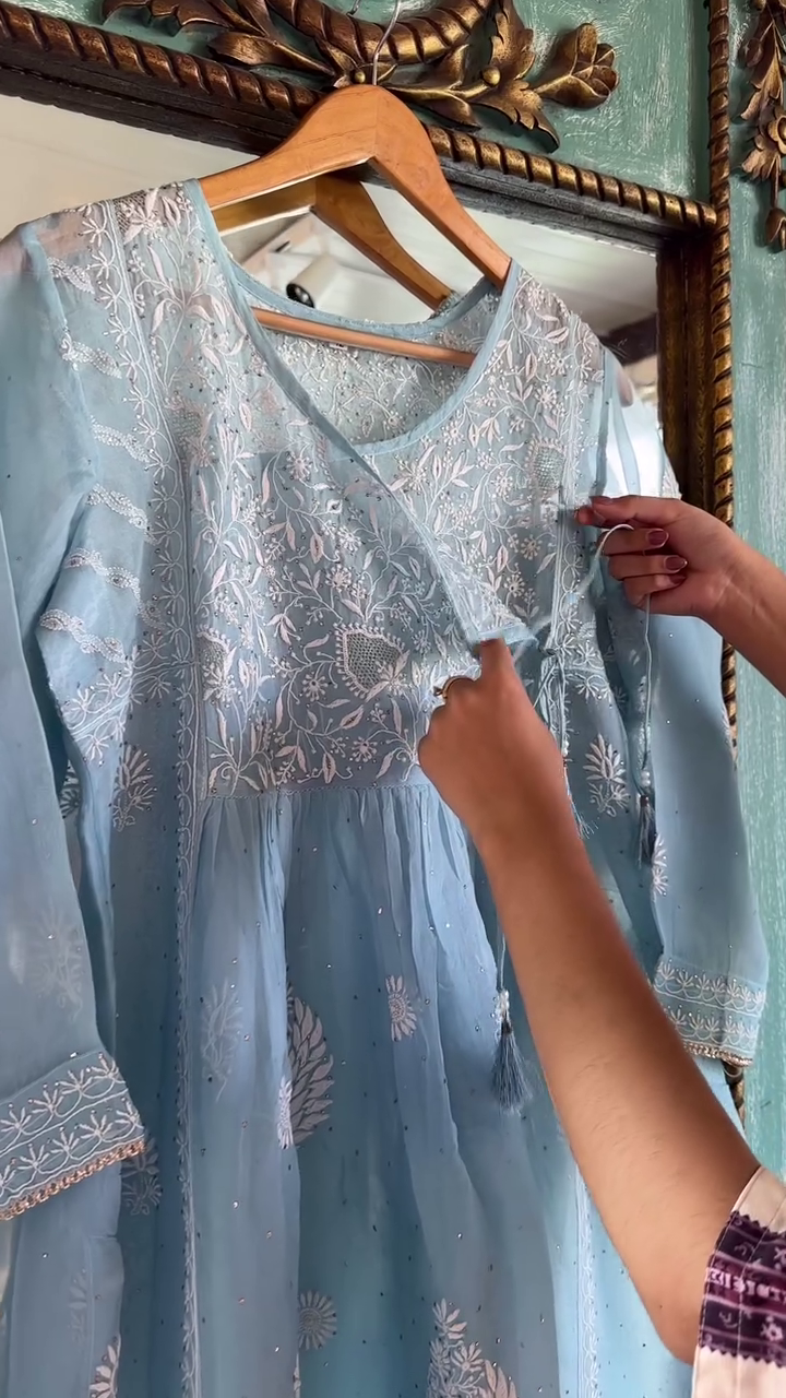 Elegant Powder Blue Hand-Embroidered Chikankari Anarkali Kurta Set with Sequins and Gota Patti Detailing on Organza Fabric - Image 6