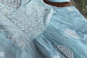 Elegant Powder Blue Hand-Embroidered Chikankari Anarkali Kurta Set with Sequins and Gota Patti Detailing on Organza Fabric