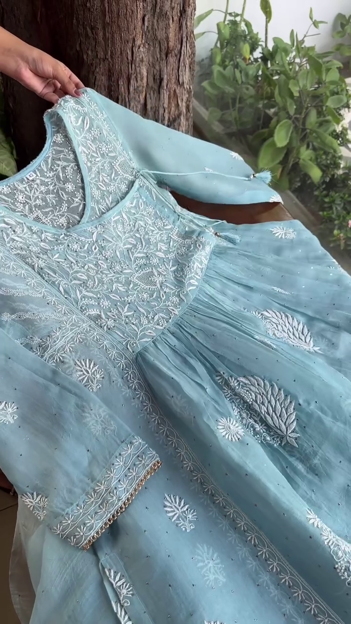 Elegant Powder Blue Hand-Embroidered Chikankari Anarkali Kurta Set with Sequins and Gota Patti Detailing on Organza Fabric