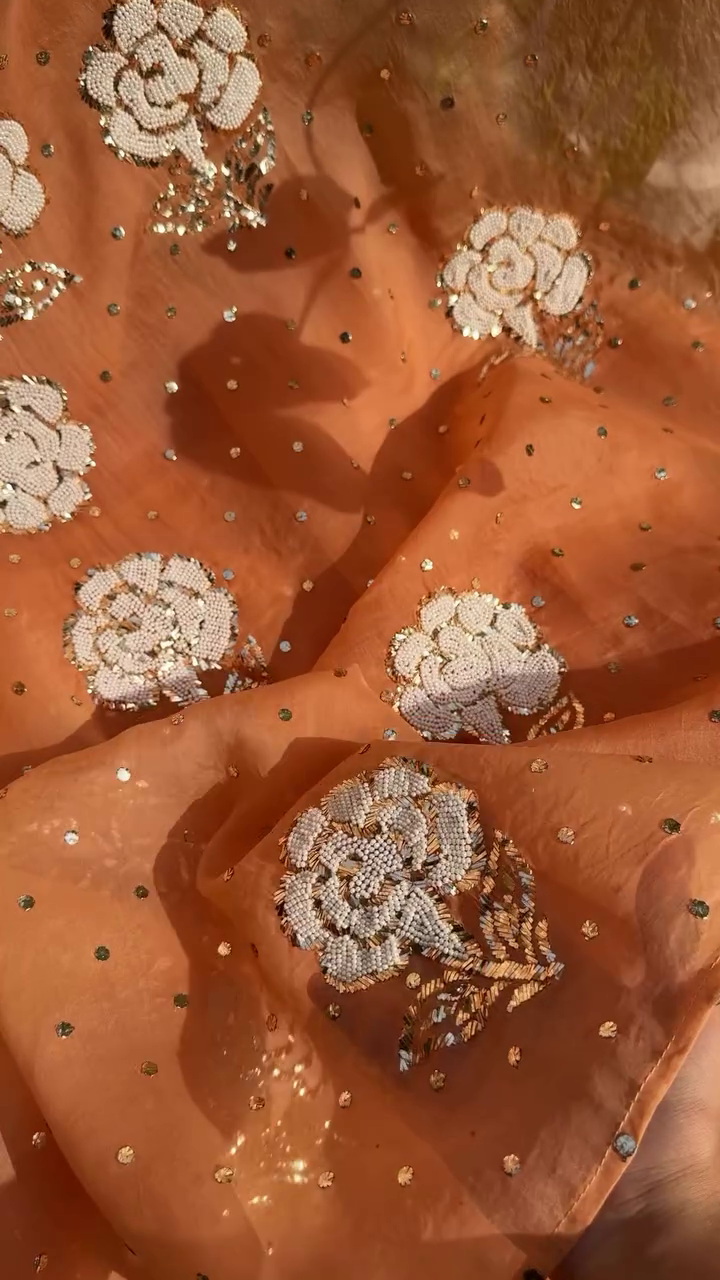 Rust Orange Pure Organza Dupatta with Handcrafted Pearl Beaded Floral Embroidery, Sequin Detailing, and Metallic Thread Accents – Luxury Ethnic Wear for Festive and Wedding Occasions - Image 4