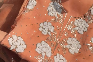 Rust Orange Pure Organza Dupatta with Handcrafted Pearl Beaded Floral Embroidery, Sequin Detailing, and Metallic Thread Accents – Luxury Ethnic Wear for Festive and Wedding Occasions