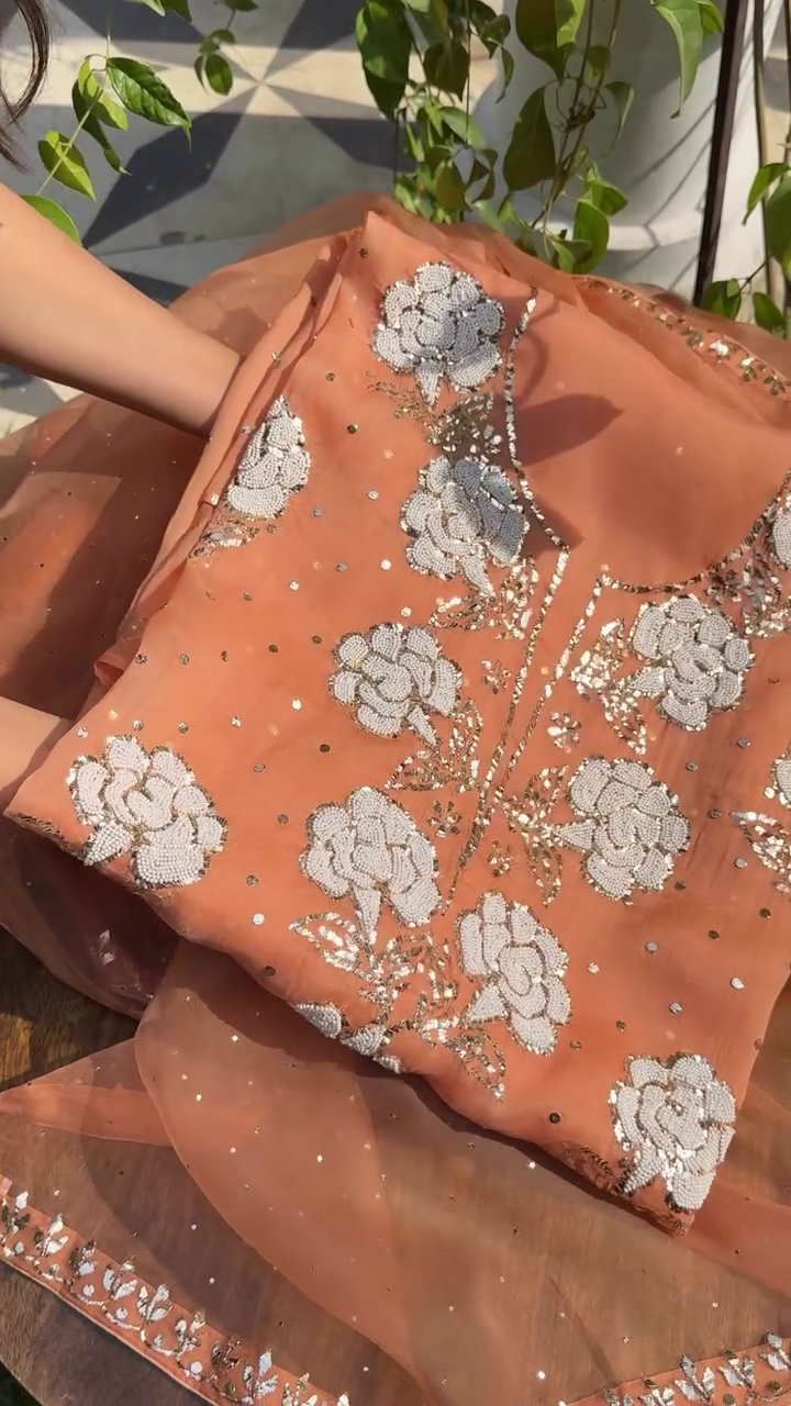 Rust Orange Pure Organza Dupatta with Handcrafted Pearl Beaded Floral Embroidery, Sequin Detailing, and Metallic Thread Accents – Luxury Ethnic Wear for Festive and Wedding Occasions