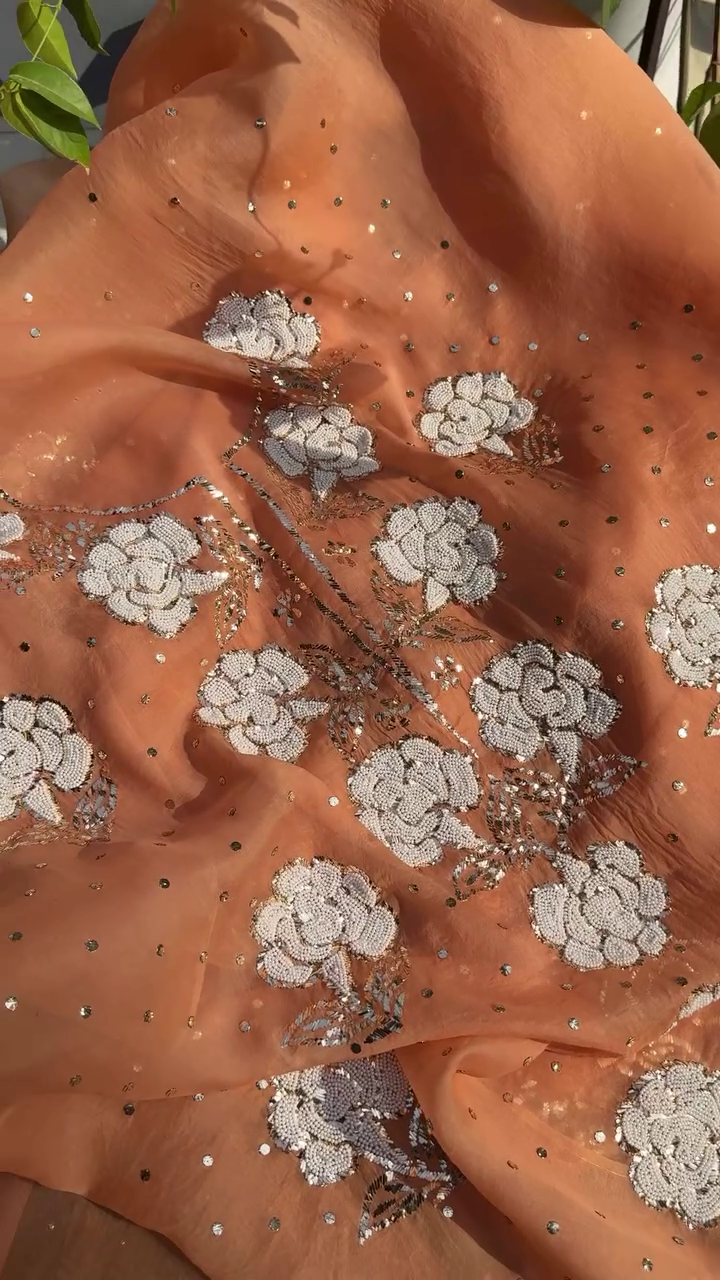 Rust Orange Pure Organza Dupatta with Handcrafted Pearl Beaded Floral Embroidery, Sequin Detailing, and Metallic Thread Accents – Luxury Ethnic Wear for Festive and Wedding Occasions - Image 2