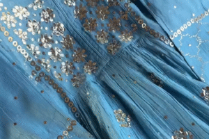 Turquoise Blue Pure Georgette Anarkali Kurta with Hand-Embroidered Mirror Work, Sequin Detailing & Gota Patti Borders