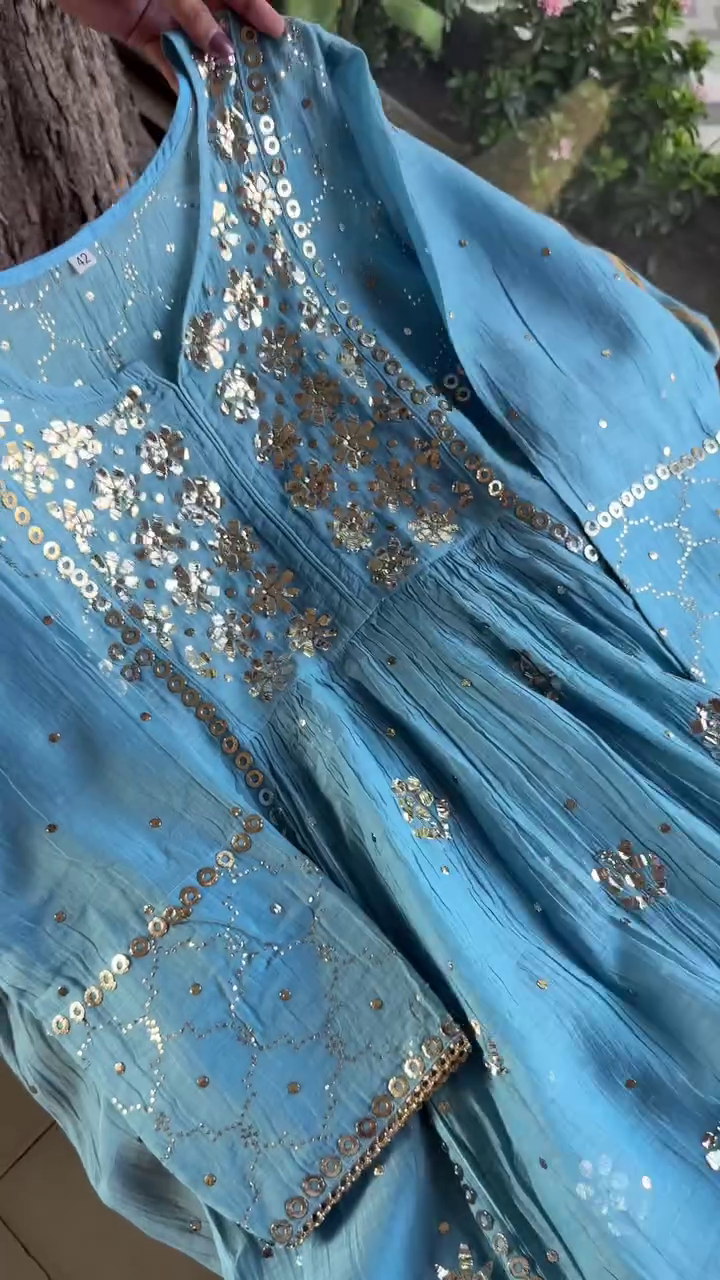 Turquoise Blue Pure Georgette Anarkali Kurta with Hand-Embroidered Mirror Work, Sequin Detailing & Gota Patti Borders