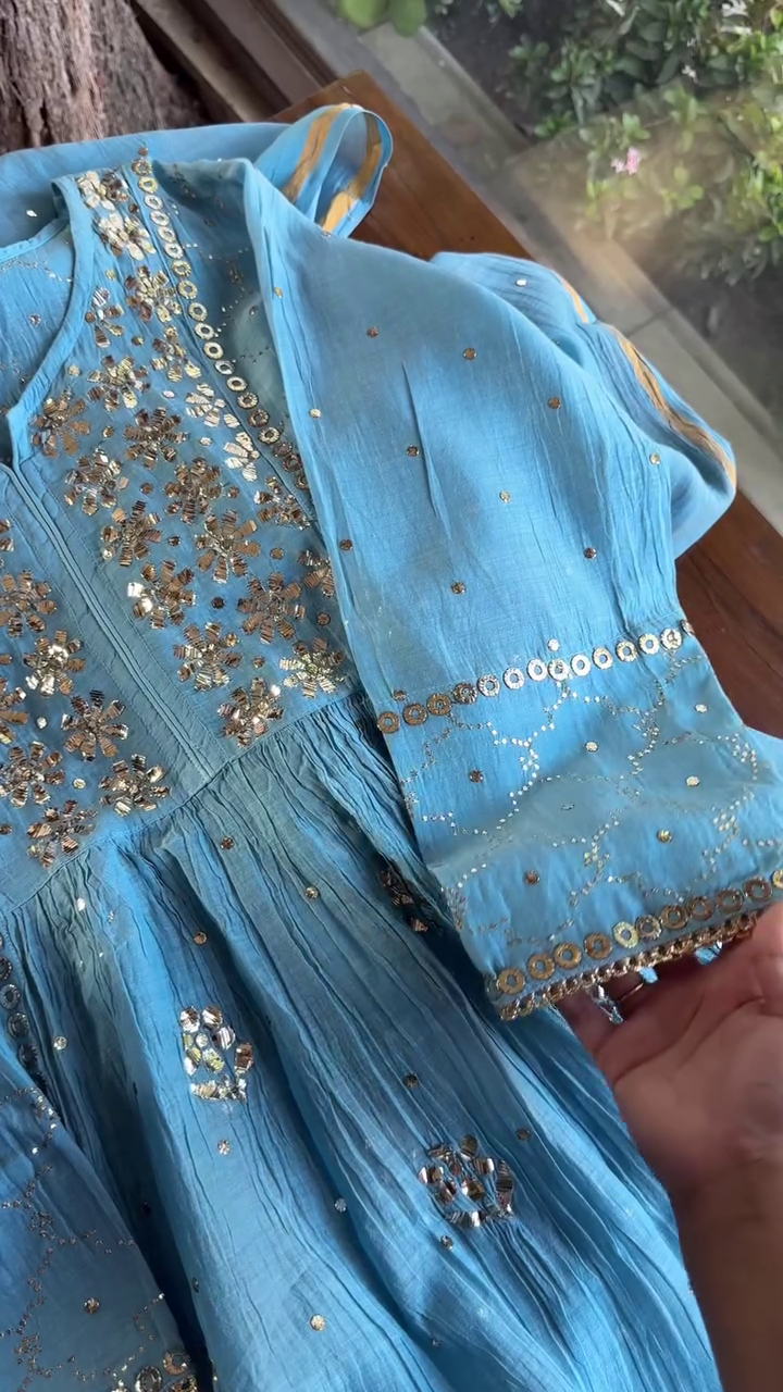 Turquoise Blue Pure Georgette Anarkali Kurta with Hand-Embroidered Mirror Work, Sequin Detailing & Gota Patti Borders - Image 5