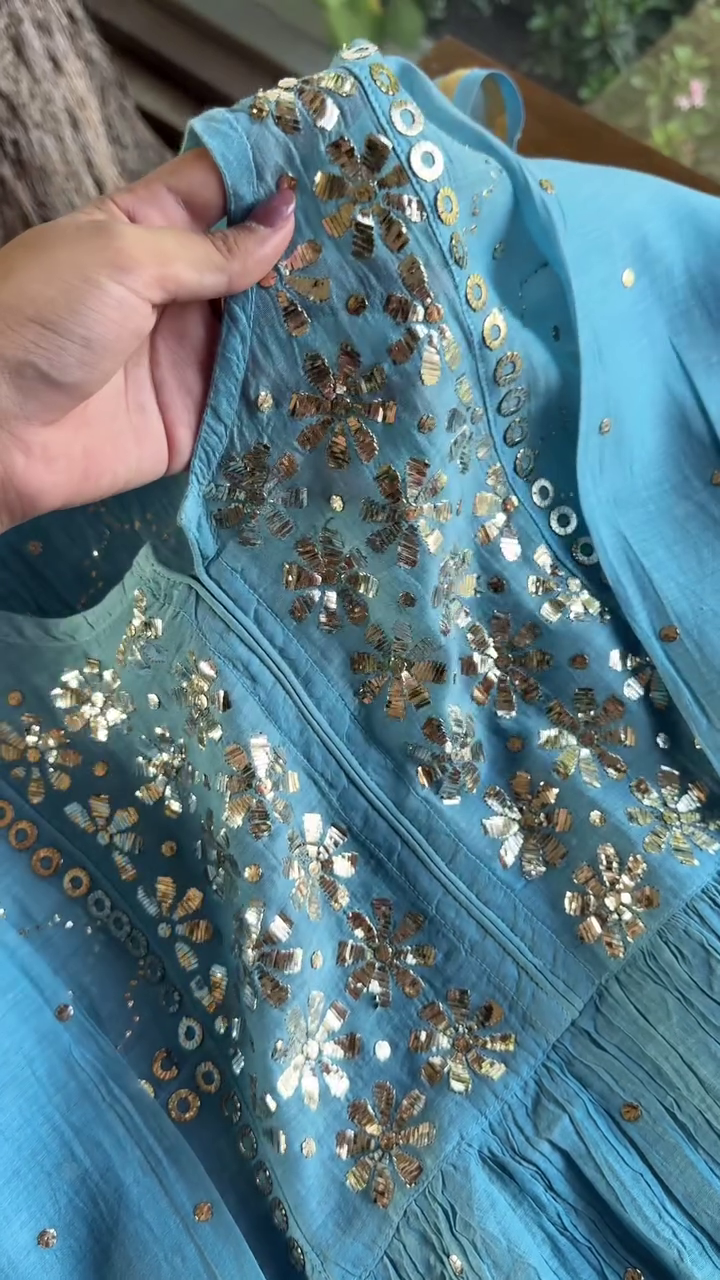 Turquoise Blue Pure Georgette Anarkali Kurta with Hand-Embroidered Mirror Work, Sequin Detailing & Gota Patti Borders - Image 4