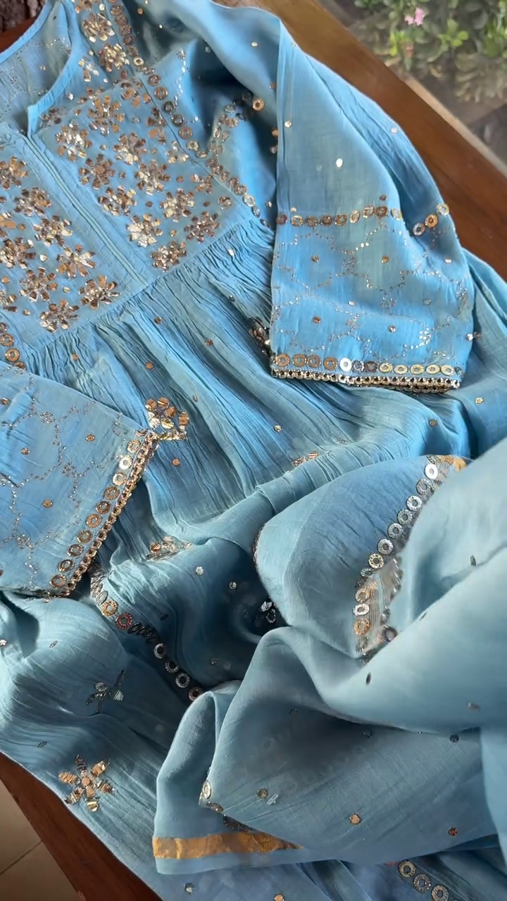 Turquoise Blue Pure Georgette Anarkali Kurta with Hand-Embroidered Mirror Work, Sequin Detailing & Gota Patti Borders - Image 2