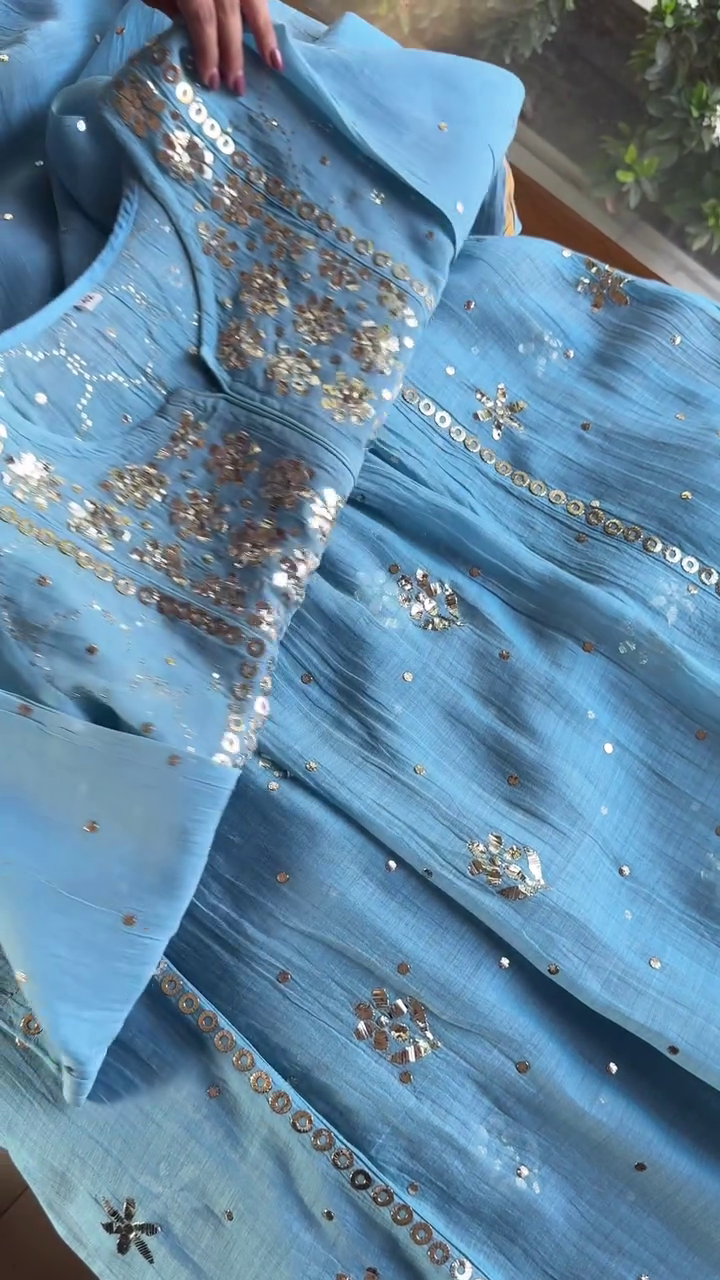 Turquoise Blue Pure Georgette Anarkali Kurta with Hand-Embroidered Mirror Work, Sequin Detailing & Gota Patti Borders - Image 3