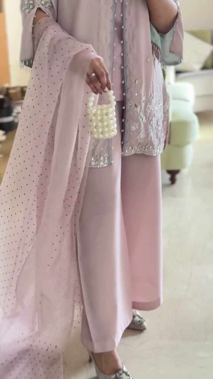 Elegant Pastel Lilac Anarkali Suit with Embellished Details and Chiffon Dupatta - Image 3