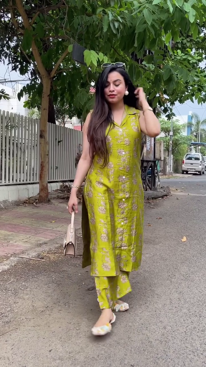 Women’s Traditional Indian Ethnic Sleeveless Green Floral Print Straight Kurta Set with Matching Pants | Collar Neck Cotton Blend Kurti Palazzo Suit | Daily Wear/Office Wear Ethnic Co-ord Set for Women - Image 4