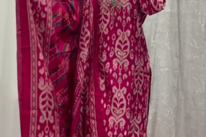 Elegant Magenta Pink Traditional Ikat Printed Soft Cotton Unstitched Salwar Suit Set with Matching Dupatta and Delicate Thread Embroidery for Festive & Casual Wear