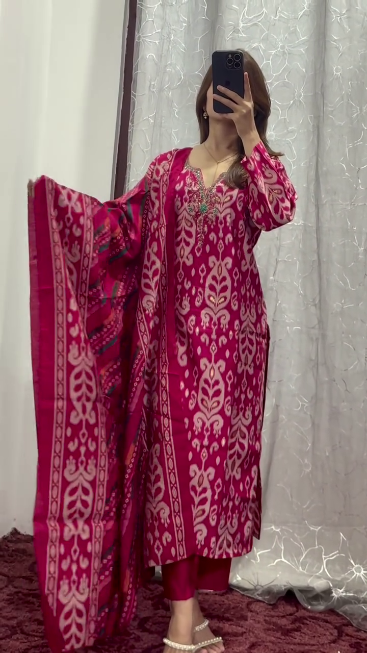Elegant Magenta Pink Traditional Ikat Printed Soft Cotton Unstitched Salwar Suit Set with Matching Dupatta and Delicate Thread Embroidery for Festive & Casual Wear