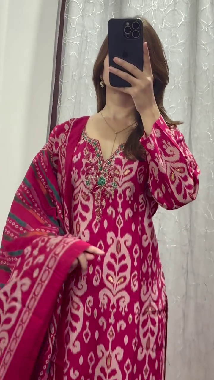 Elegant Magenta Pink Traditional Ikat Printed Soft Cotton Unstitched Salwar Suit Set with Matching Dupatta and Delicate Thread Embroidery for Festive & Casual Wear - Image 4