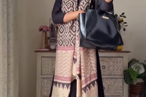 Elegant Midnight Black Straight Kurta Set with Beige-Pink Geometric Ikat Print Dupatta and Matching Trousers