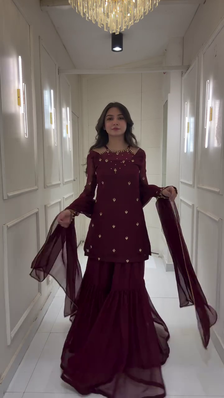 Designer Maroon Georgette Sharara Suit Set with Embroidered Kurti, Sheer Full Sleeves, Golden Sequin Motifs & Matching Dupatta – Elegant Traditional Wear for Wedding Functions, Festivals & Special Occasions - Image 3