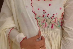 Elegant Floral Embroidered Long Sleeve Anarkali Dress with Matching Dupatta