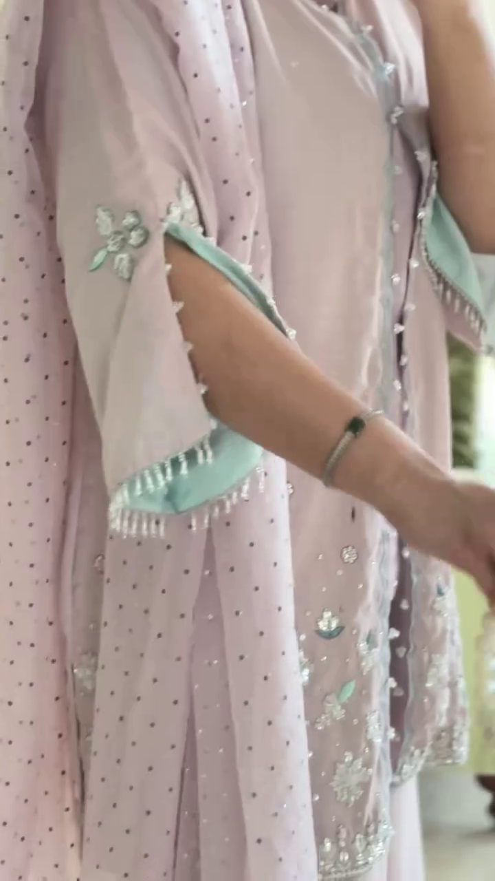 Elegant Pastel Lilac Anarkali Suit with Embellished Details and Chiffon Dupatta - Image 4