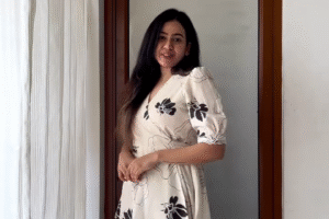 Elegant Floral Wrap Dress in Cream with Black Floral Prints