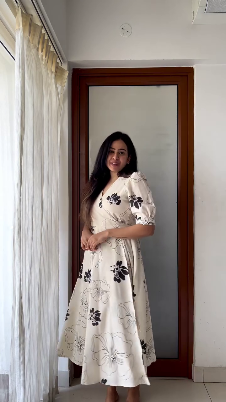 Elegant Floral Wrap Dress in Cream with Black Floral Prints