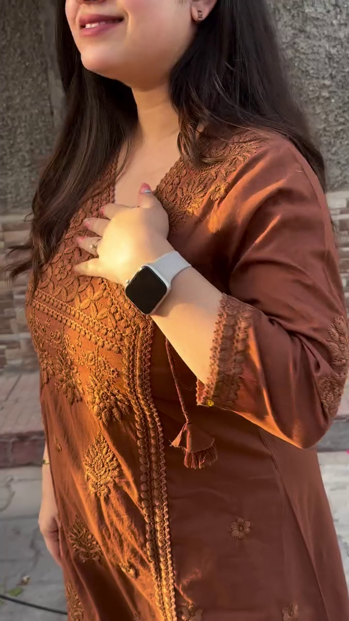 Elegant Ethnic Brown Embroidered Long Kurti with Traditional Floral Patterns - Image 4