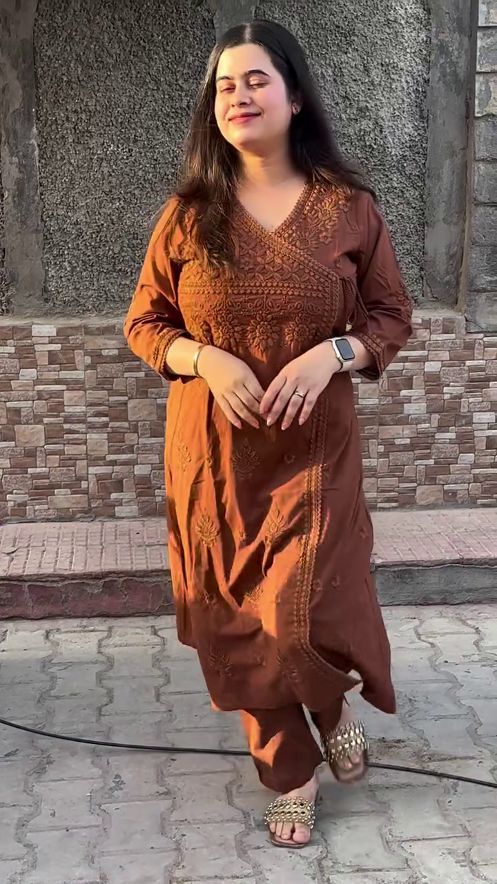 Elegant Ethnic Brown Embroidered Long Kurti with Traditional Floral Patterns
