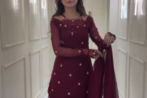 Designer Maroon Georgette Sharara Suit Set with Embroidered Kurti, Sheer Full Sleeves, Golden Sequin Motifs & Matching Dupatta – Elegant Traditional Wear for Wedding Functions, Festivals & Special Occasions